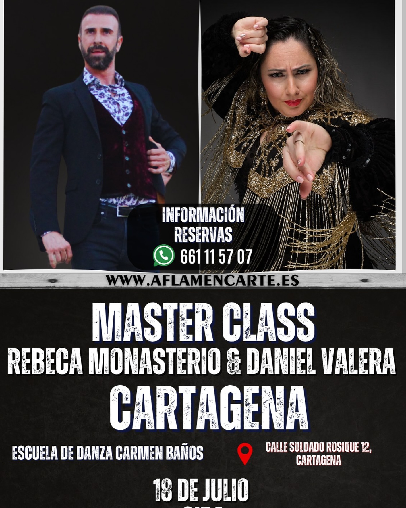 📍 ¡CARTAGENA YA TIENE ESCUELA!
Dentro de la gira de Rebeca Monasterio, anunciamos con muchísima ilusión que Cartagena se suma oficialmente al recorrido…
¡Y no viene sola!

💥 En esta ocasión, Rebeca compartirá escenario de formación con el gran Daniel Valera en una clase conjunta única.
Una oportunidad irrepetible para vivir el arte, la técnica y la esencia de dos referentes en un mismo espacio.