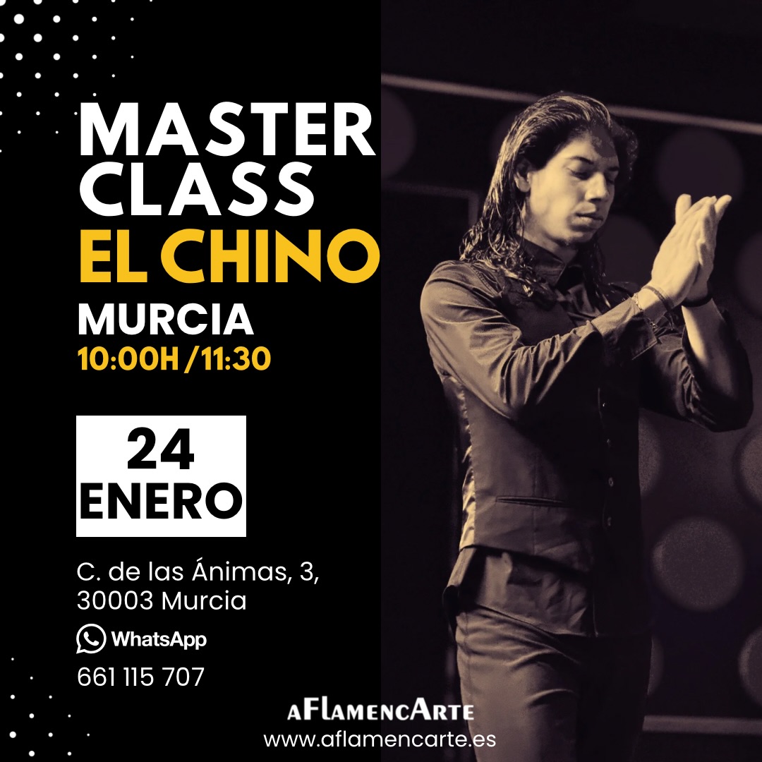 En enero tendremos un curso exclusivo con El Chino en Murcia, y las plazas son muy limitadas, así que aquí tenéis toda la información:

📅 Sábado 24 de enero
⏰ Horario: 10:00 a 11:30
💃 Nivel: Multinivel (apto para todos los niveles)
💸 Precio: 40€
💳 Pago: Bizum
📍 Plazas limitadas)

Además, hemos creado un PACK ESPECIAL solo para este día:

🔥 MASTERCLASS + ESPECTÁCULO EN LA MORENICA → 55€

reservar vuestra plaza, en el  661115707 cuanto antes.
Aflamencarte. 💛